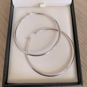 14K White Gold 4.33 grams 3mm x 60mm Tube Hoop Earrings 2 1/4" Diameter NEW